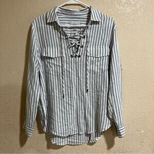 RAILS Matea Canela Stripe Linen Blend Lace Up Popover Collard Blouse SMALL